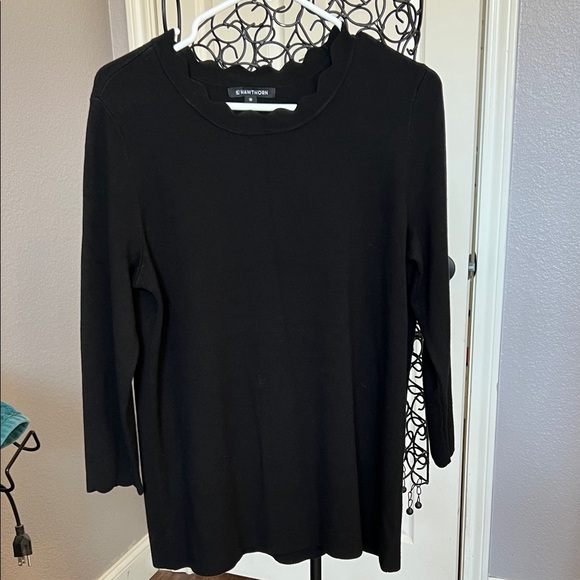 41 Hawthorn Sweaters - 41 Hawthorn Black mid length Sleeve Top with scallop trim at neck and sleeves